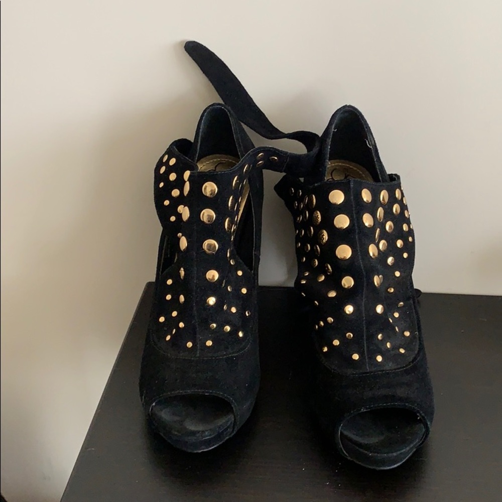 BCBG Black Peep Toe Wrap Heels